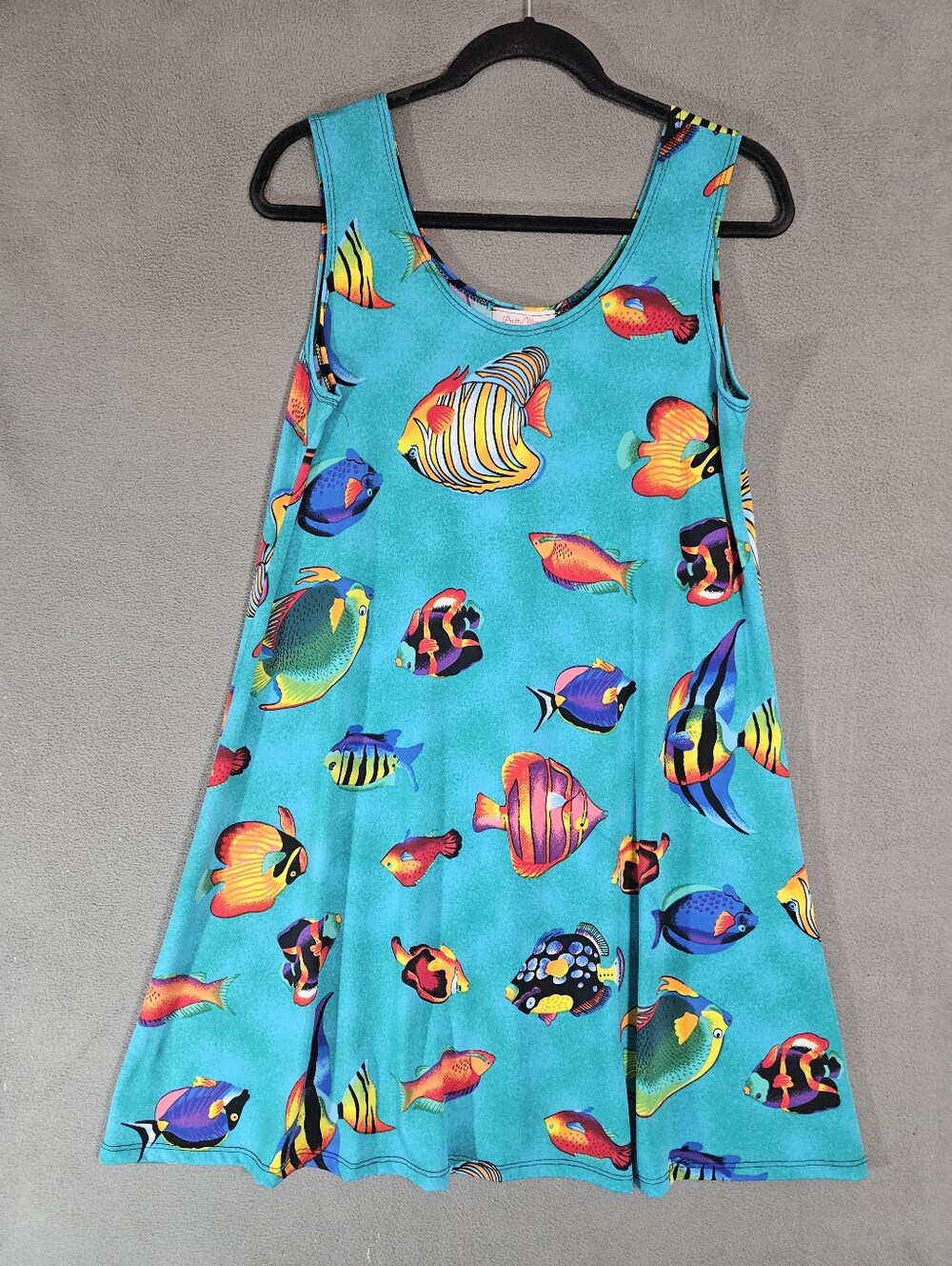 Vintage 90s Pretty Woman Medium Midi Dress Aqua Fish Stretch Sleeveless USA Made